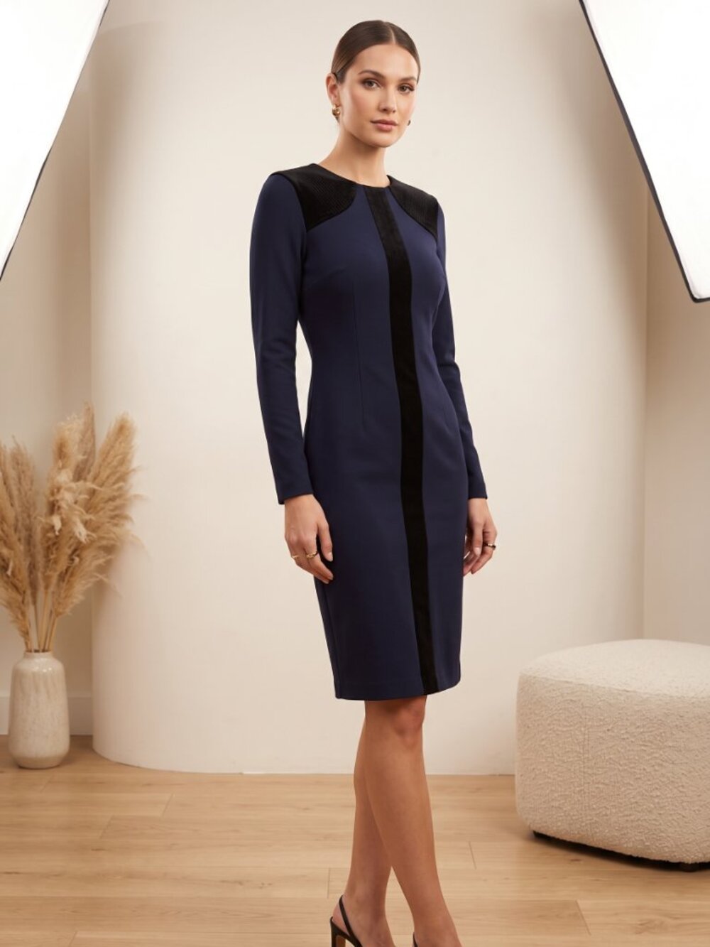 Mango Navy Long-Sleeve Sheath Dress
